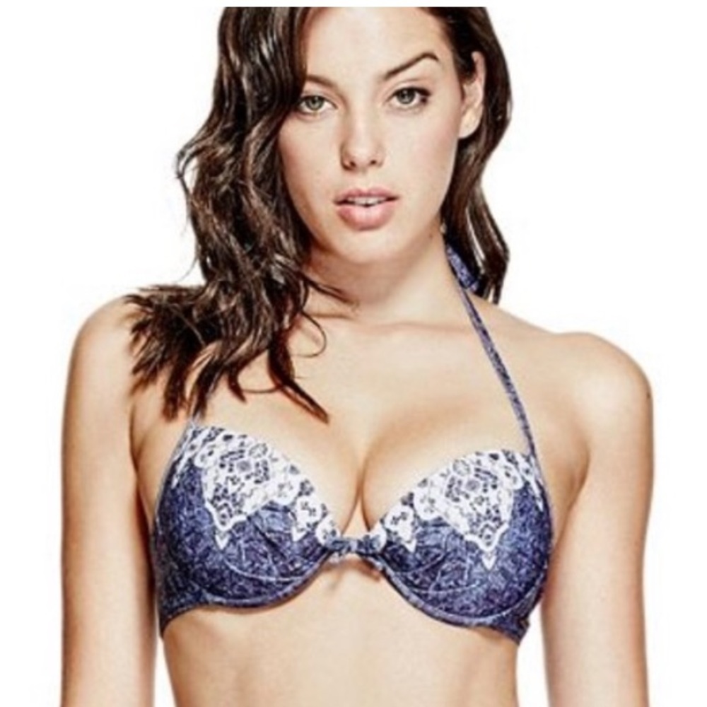 NWOT ~ GUESS Denim and lace up push up bikini top 34C